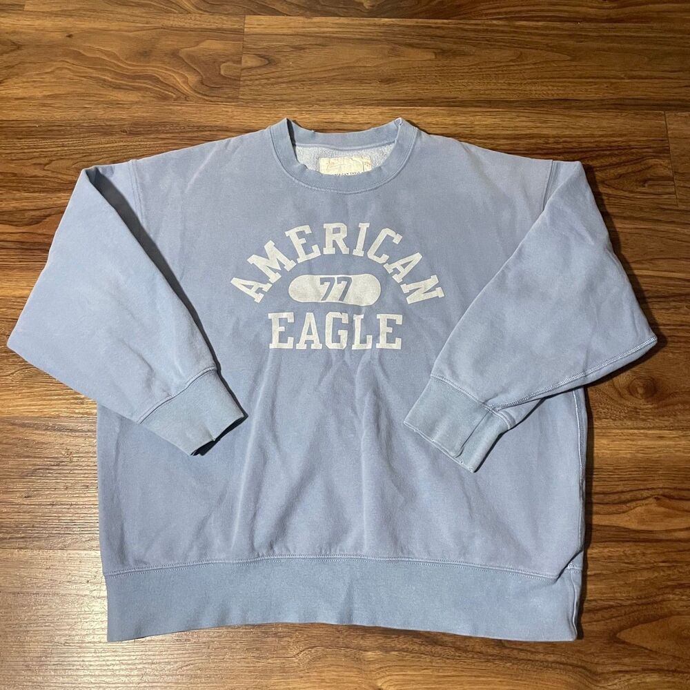 American Eagle AE Super Soft Fleece VTG Crew Neck Sweatshirt M Blue Distressed